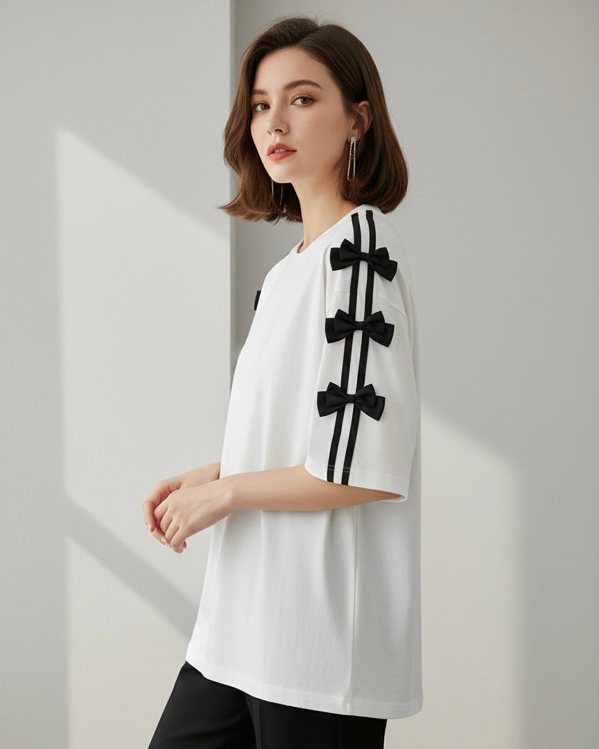 Women White and Black Bowknots Short Sleeve T-Shirt