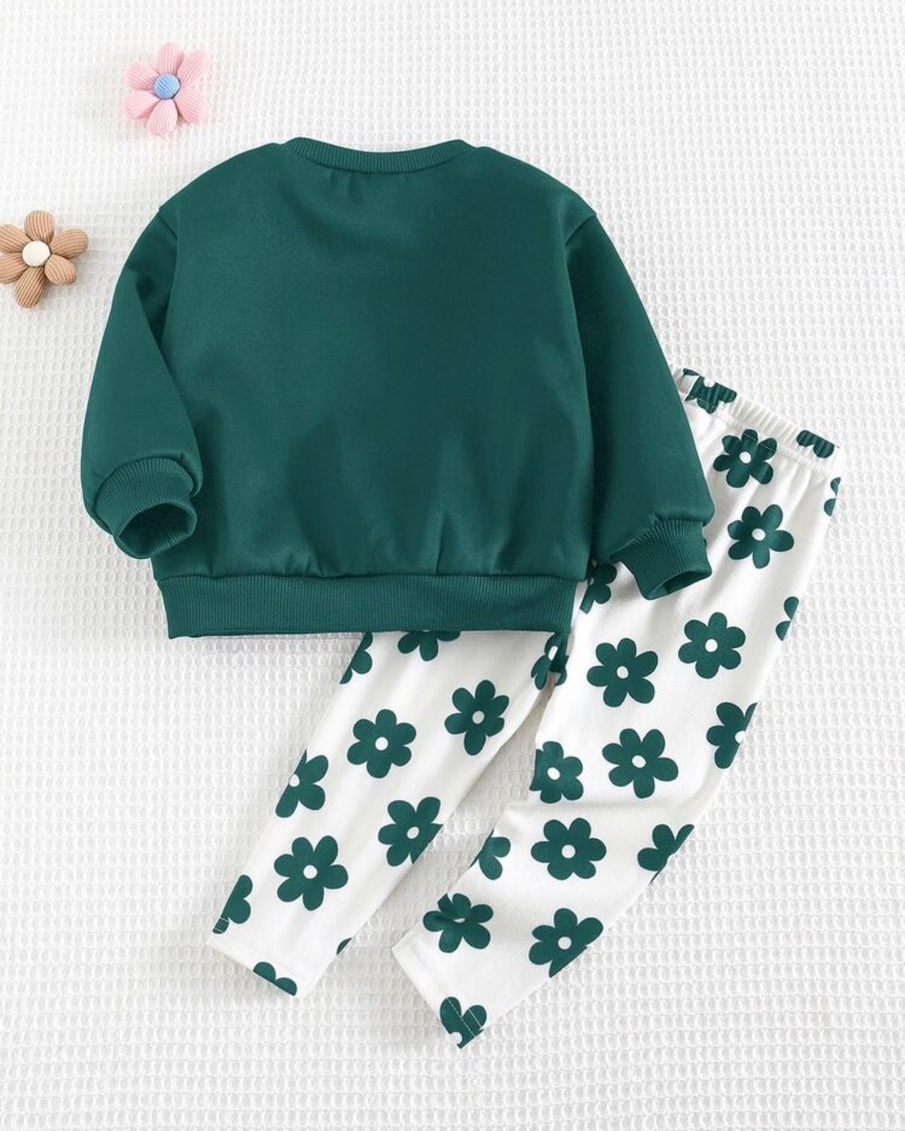 2pcs Baby Girl Floral Print Green Soft Crew Neck Long Sleeve Sweatshirt And Pants Set