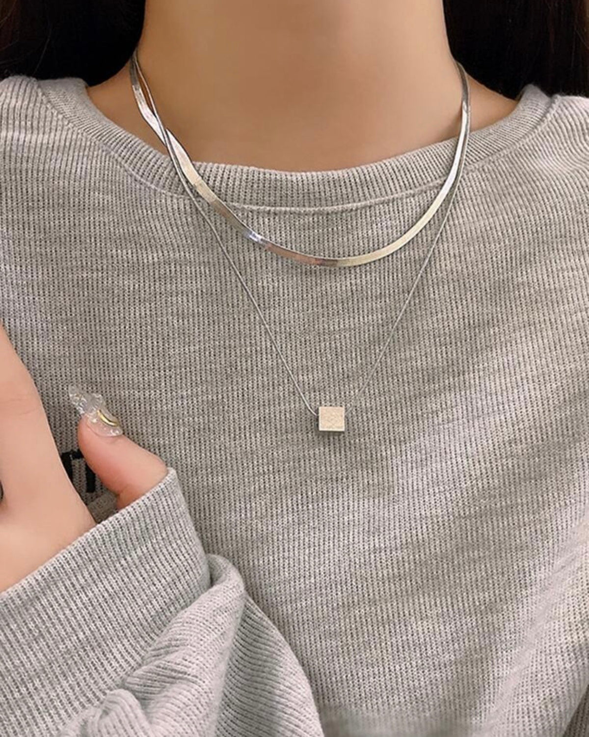 Two Pieces Of Stackable Cube Pendant Necklaces