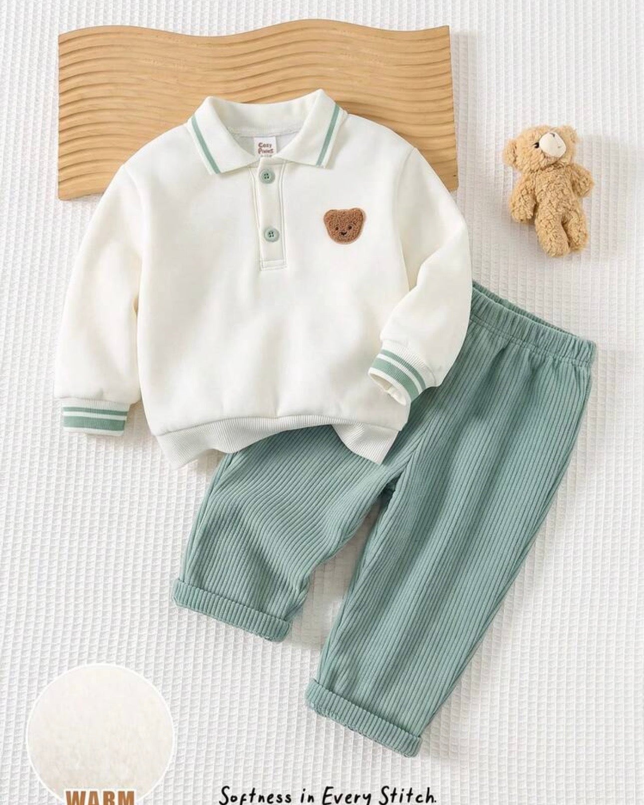 2pcs Baby Boy Bear Knit Pullover Sweatshirt & Sea Green Winter Pants
