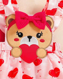 3pcs Baby Girls Red Ribbed Romper & Ruffled Overall Dress Set with Bow Headband