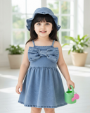 2pc Denim Style Dress with Large Bow & Hat