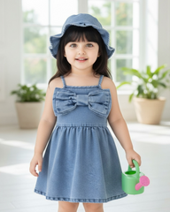 2pc Denim Style Dress with Large Bow & Hat