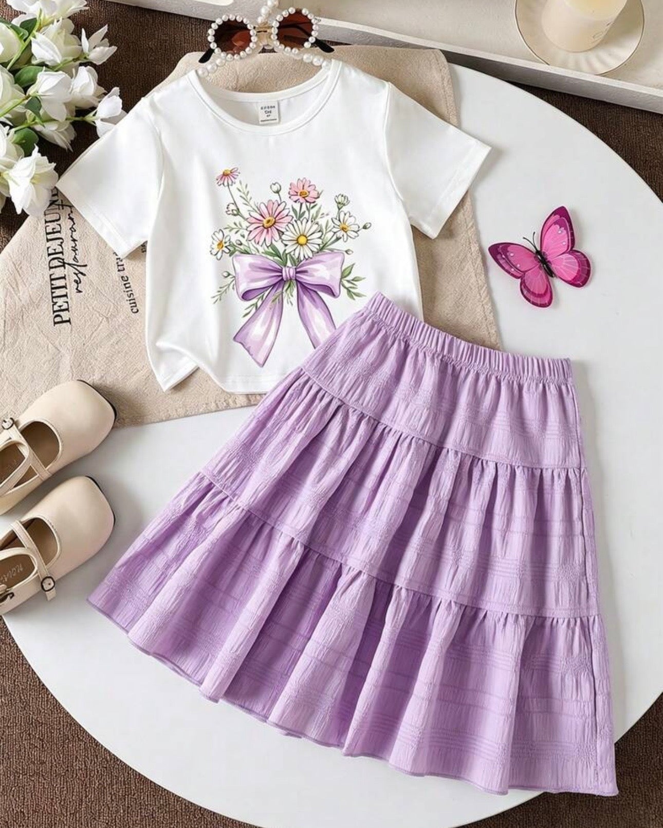 Toddler Girls Purple Skirt & White T-Shirt Set