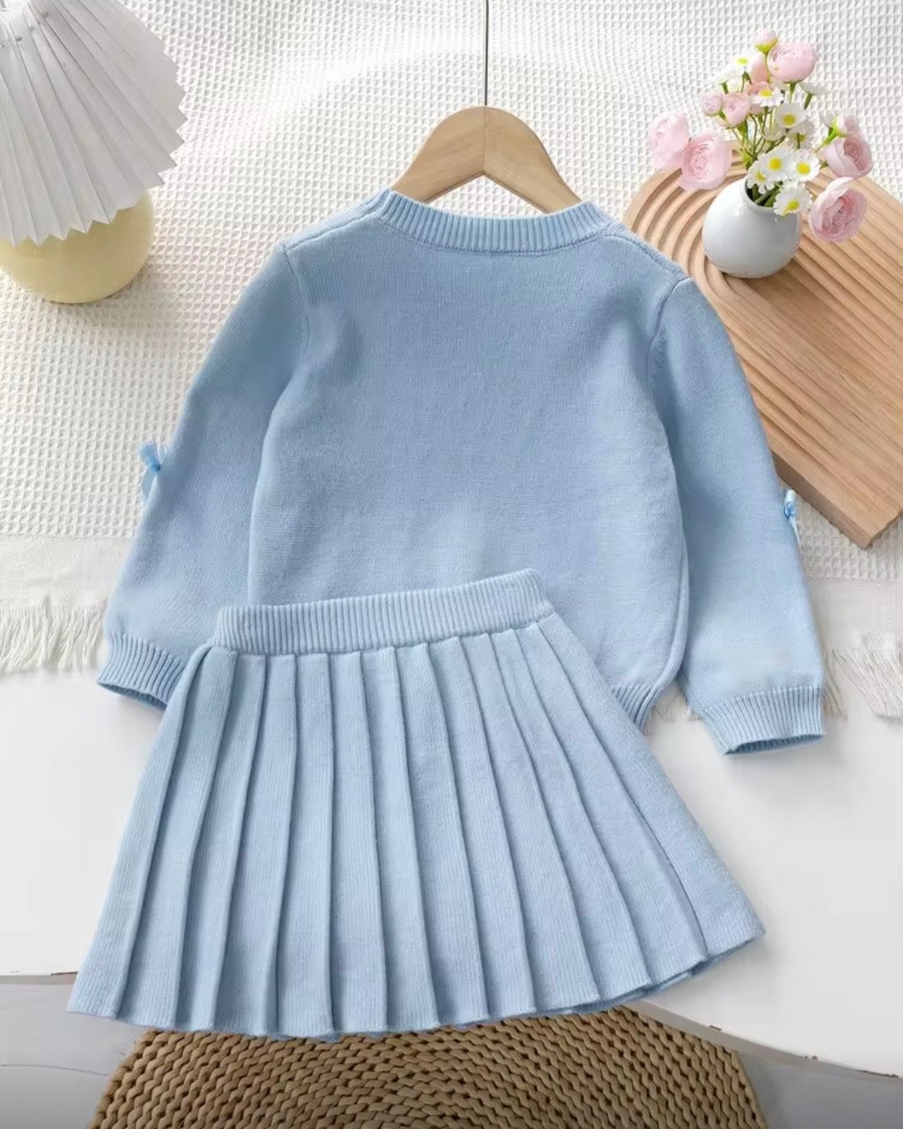 Girls’ Sky Blue Bow Jacquard Cardigan & Pleated Skirt Set