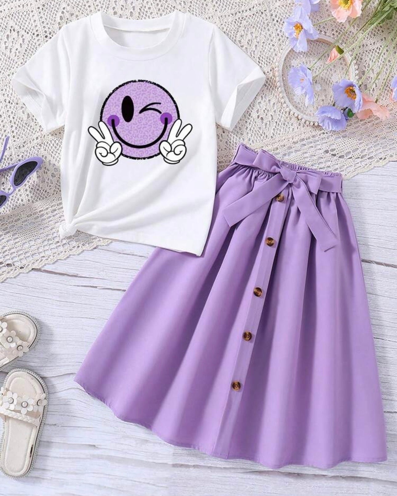 Smiley Printed Short Sleeve T-Shirt And Elastic Waist Skirt