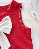 Girls Red Bow Top & Frilled Denim Skirt Set