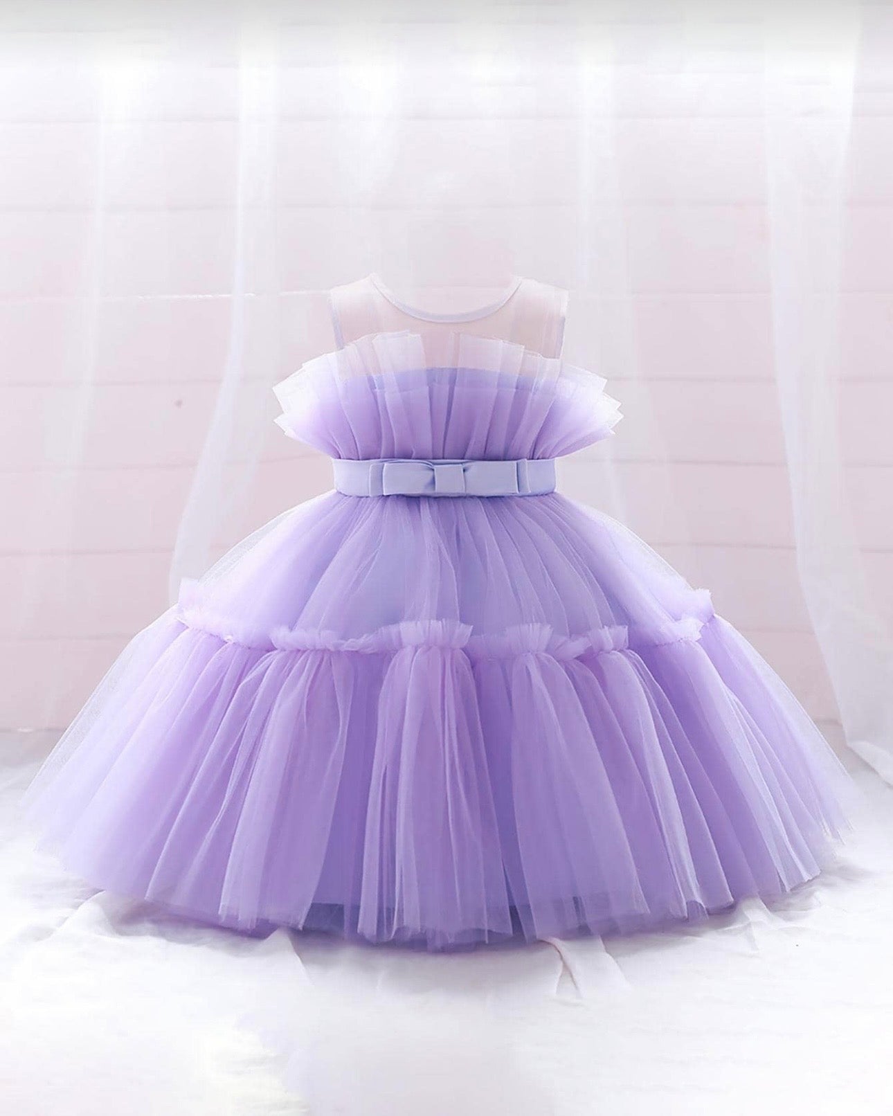 Purple Color Bow Decor Tulle Elegant Dress