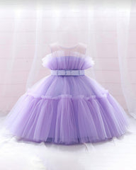 Purple Color Bow Decor Tulle Elegant Dress