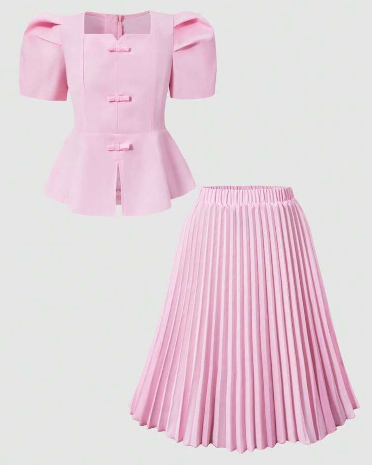 Girls’ Square Collar Puff Sleeve Top & Pleated Skirt Set