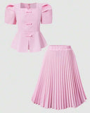 Girls’ Pink Square Collar Puff Sleeve Top & Pleated Skirt Set