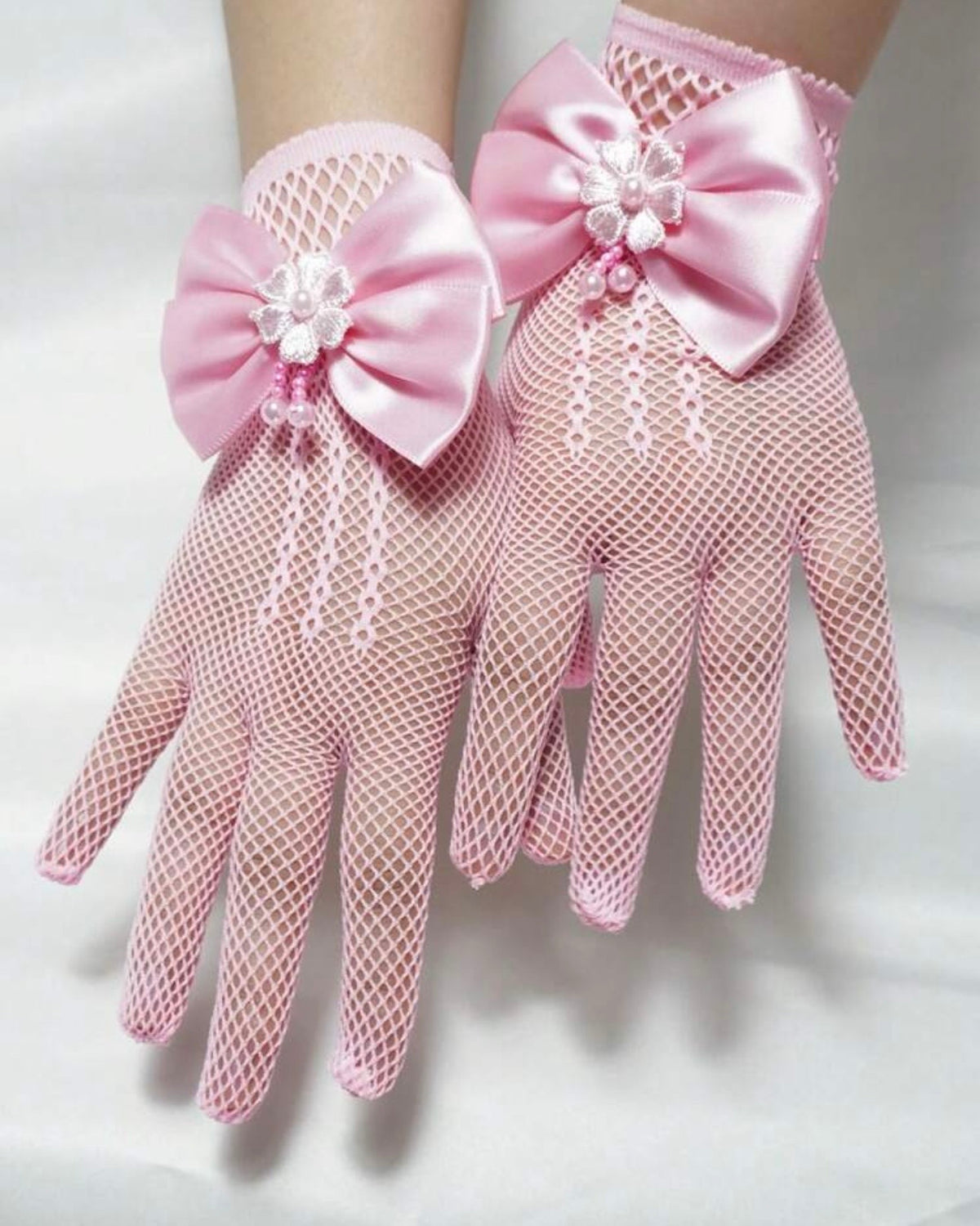 1 Pair Children's Pink Lace Hollow Bow Princess Gloves