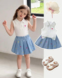 Girls’  Sleeveless Heart Print Polo Knit Top & Blue Denim Skirt
