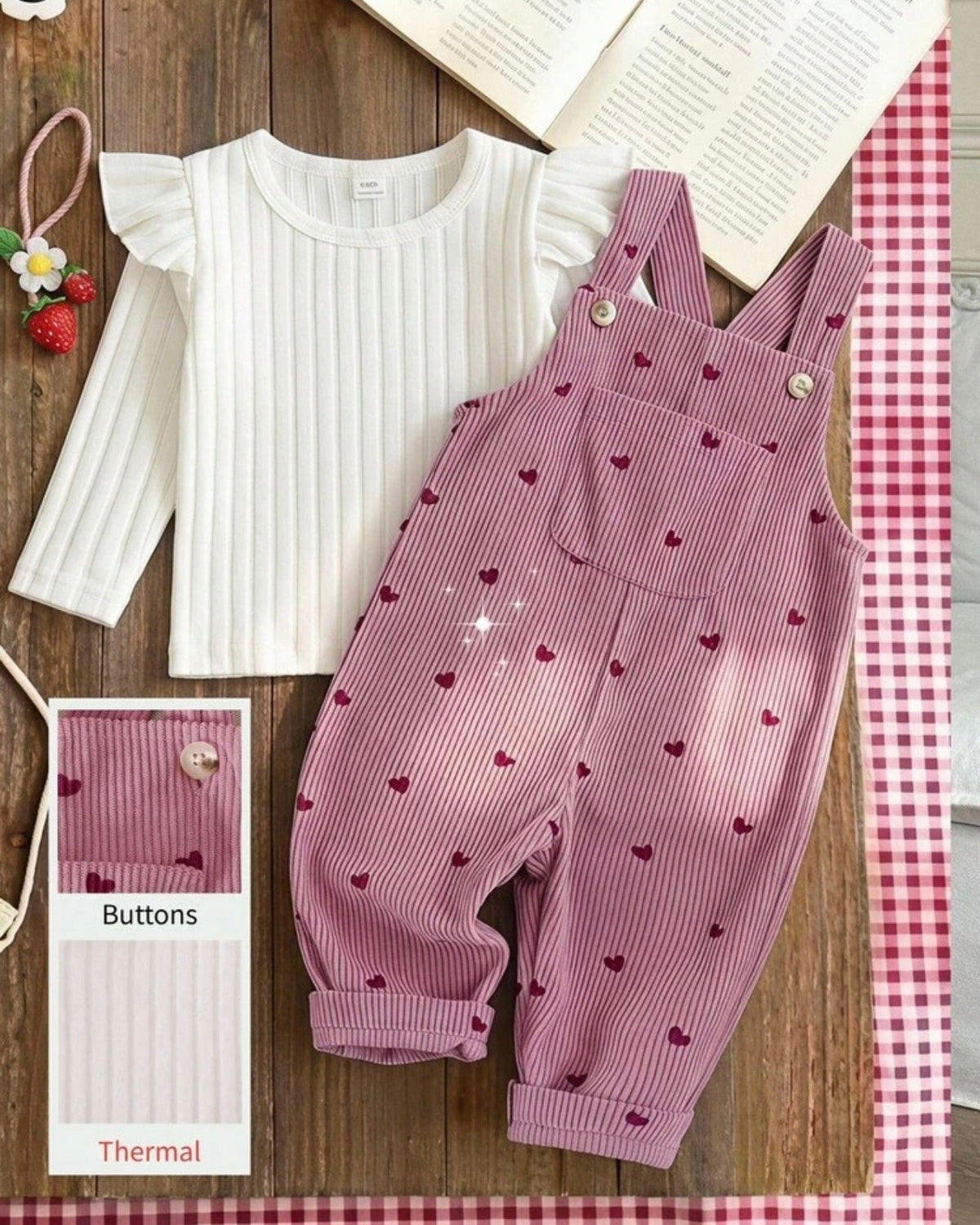 Baby Girl Heart Corduroy Overall Set, 2-Piece Winter Outfit