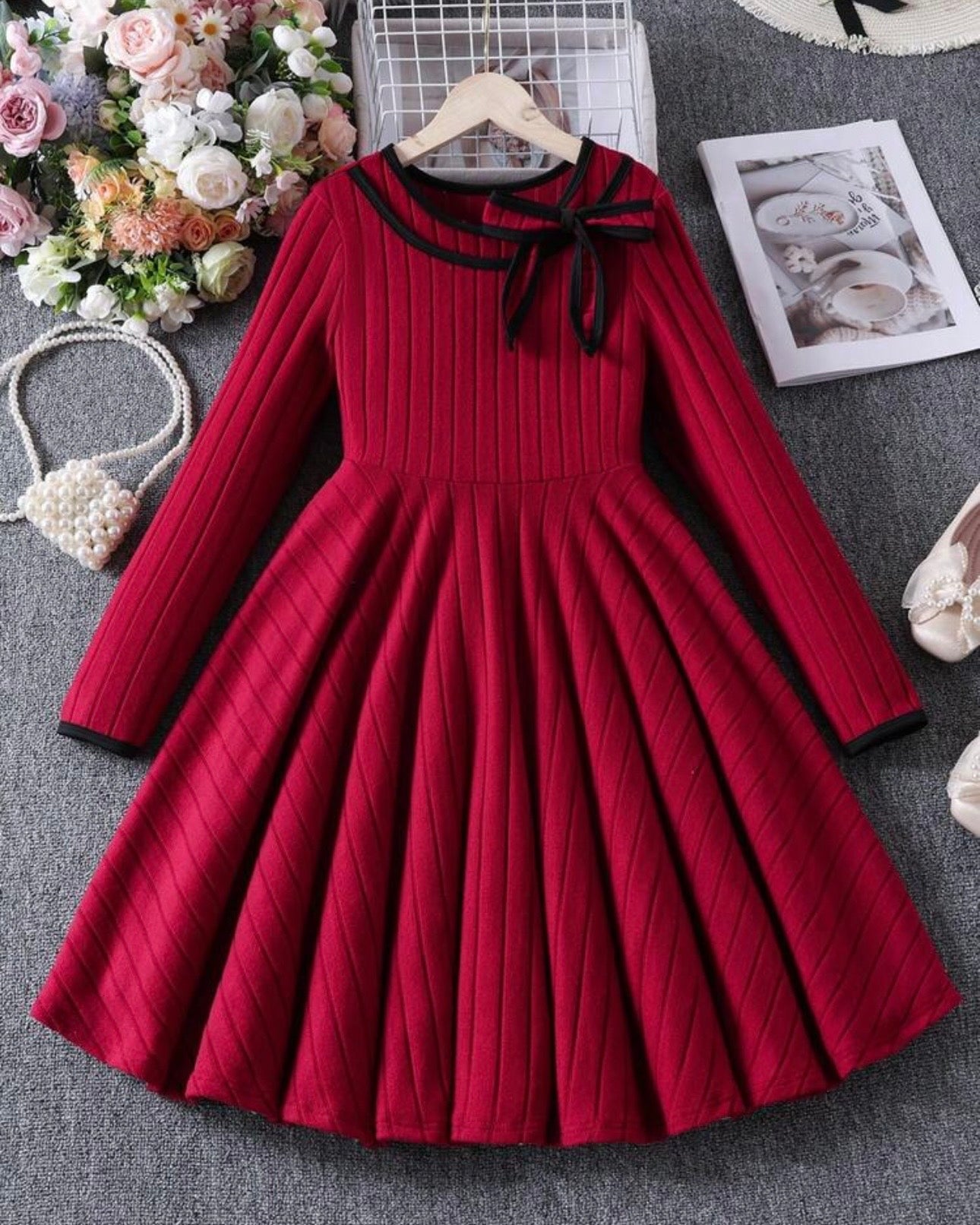 Girls Elegant Bow Collar Long Sleeve Dress