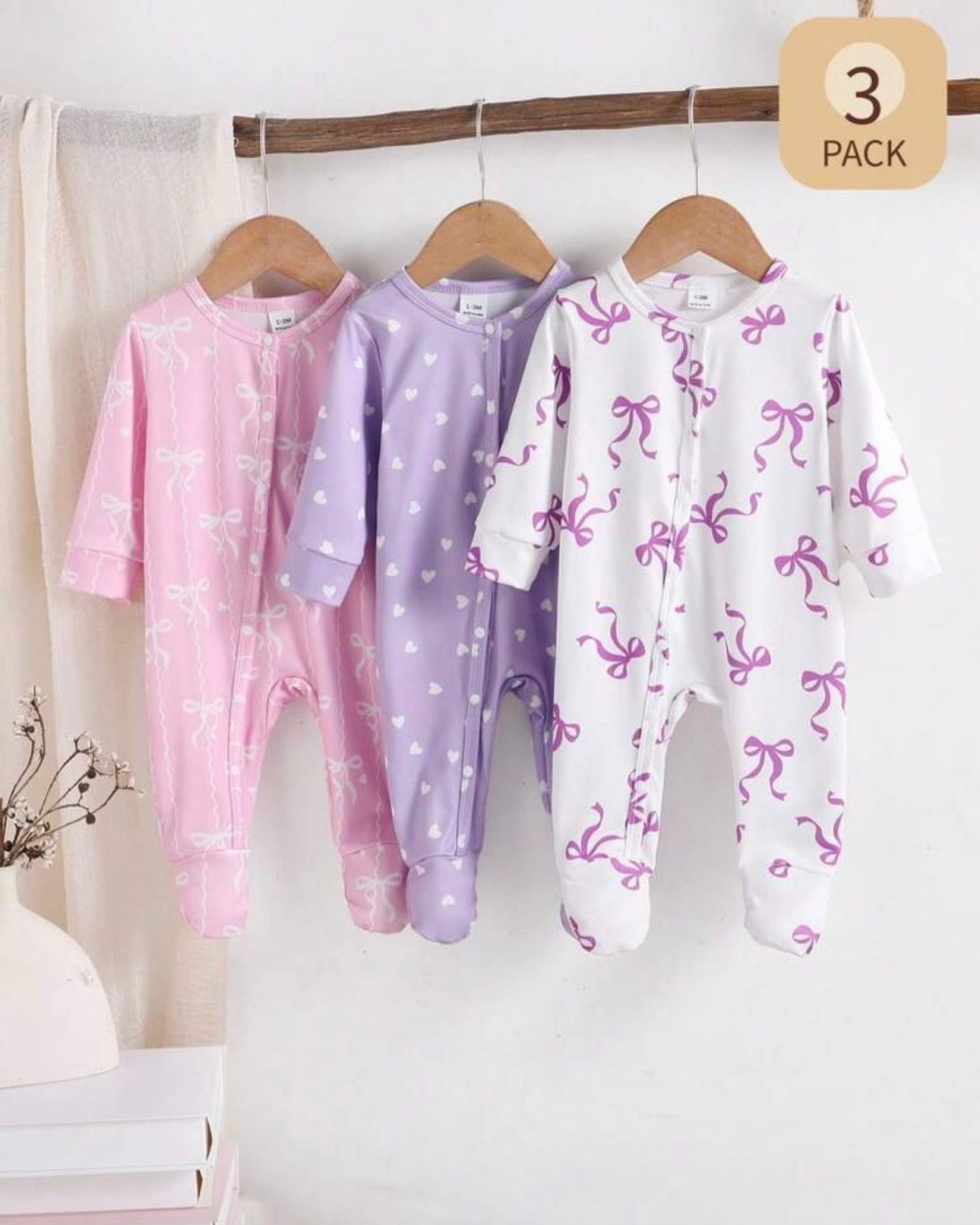 3pc Newborn Infant Long Sleeve Romper Pajama Set