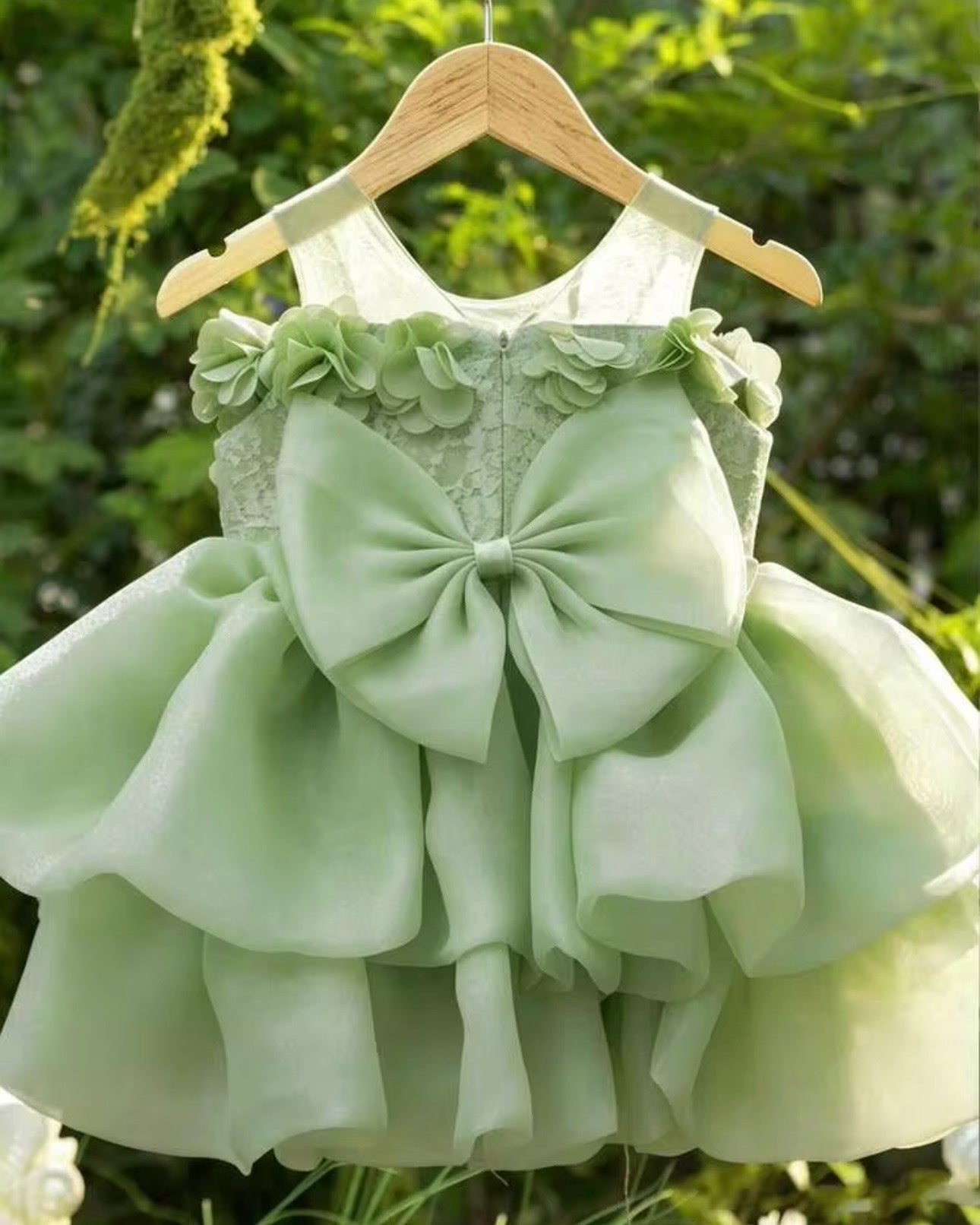 Baby Girl Green 3D Flower Bow Puff Tulle Party Dress Princess Dress