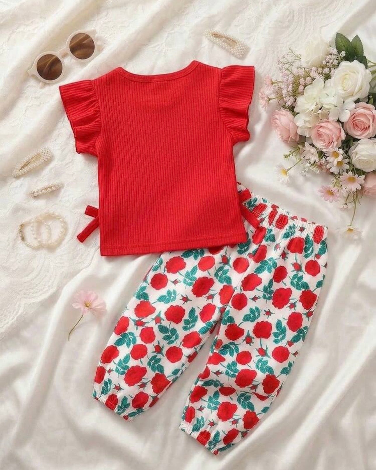 Baby Girls Red Striped Ruffle Sleeve T-Shirt & Floral Pants Set – 2pcs Summer Outfit