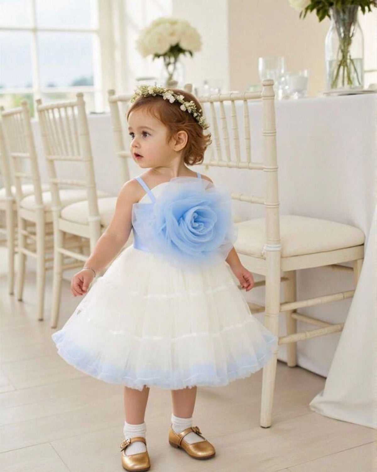 Baby Girls 3D White and Blue Flower Decor Strap Double Layer Tulle Dress
