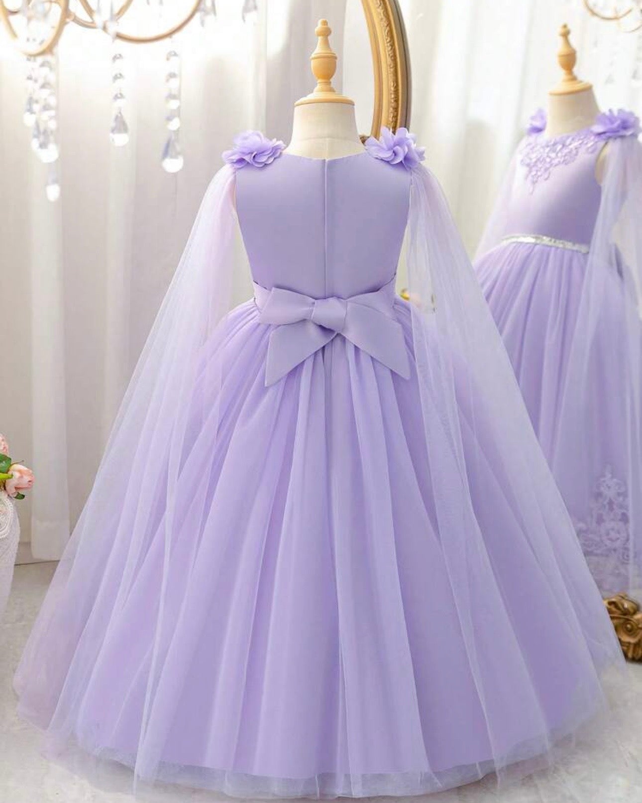 Girls’ Elegant Purple Sequin Princess Dress with 3D Floral Shawl