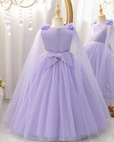 Girls’ Elegant Purple Sequin Princess Dress with 3D Floral Shawl