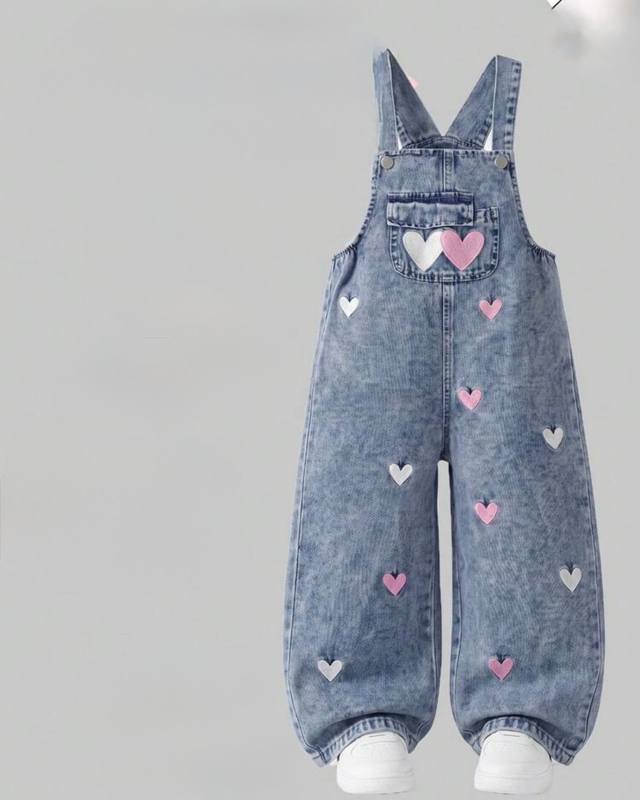 Girls Pink and White Heart Embroidered Denim Overalls – Loose Straight Leg Cotton Jumpsuit