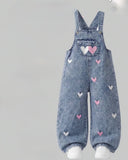 Girls Pink and White Heart Embroidered Denim Overalls – Loose Straight Leg Cotton Jumpsuit