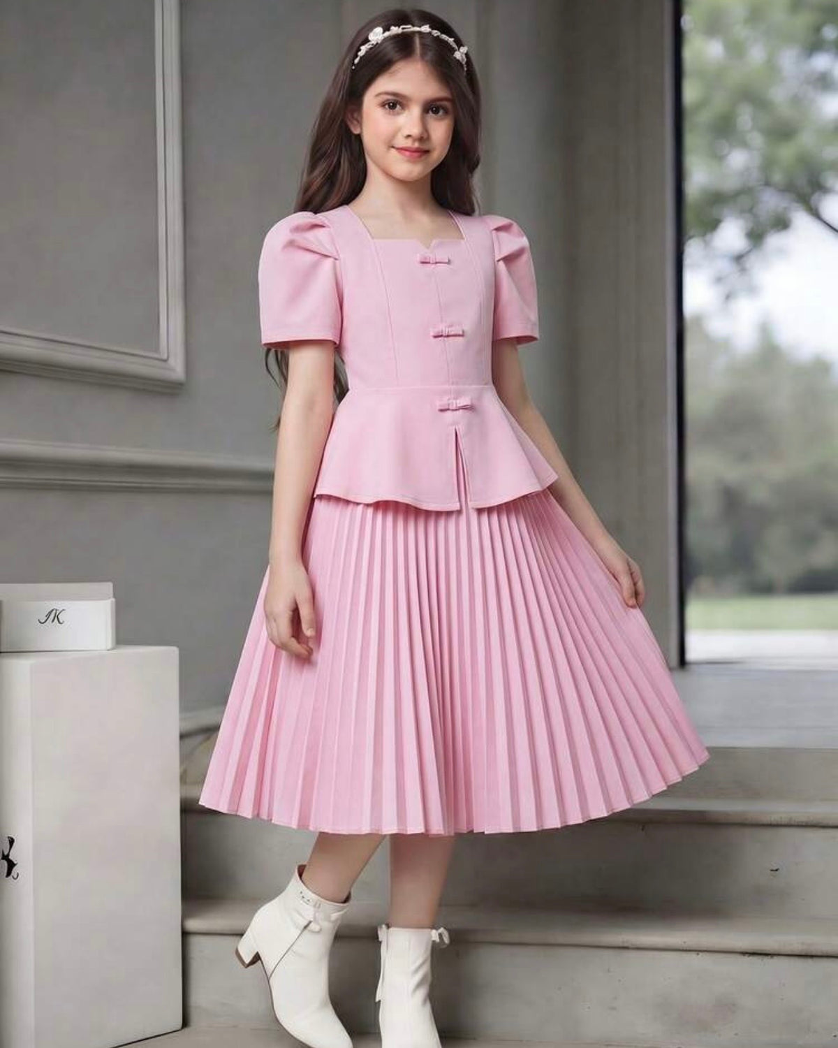 Girls’ Square Collar Puff Sleeve Top & Pleated Skirt Set