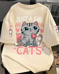 Girls' Cartoon Cat & Heart Print T-Shirt - Summer