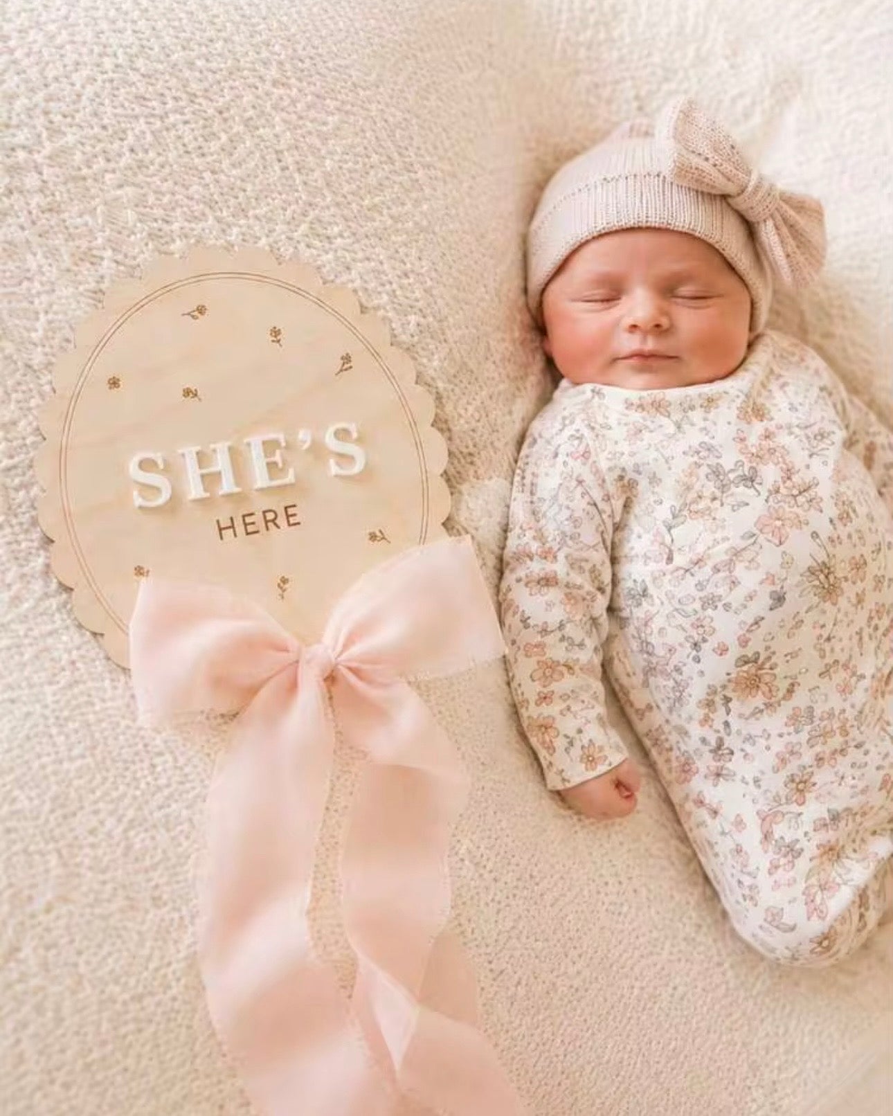 Wooden Baby Birth Announcement Sign – “He’s Here” / “She’s Here” with Ribbon