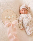 Wooden Baby Birth Announcement Sign – “He’s Here” / “She’s Here” with Ribbon