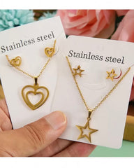 2 Sets Stainless Steel Gold-Tone Heart & Stars Necklace Chain & Earrings Set