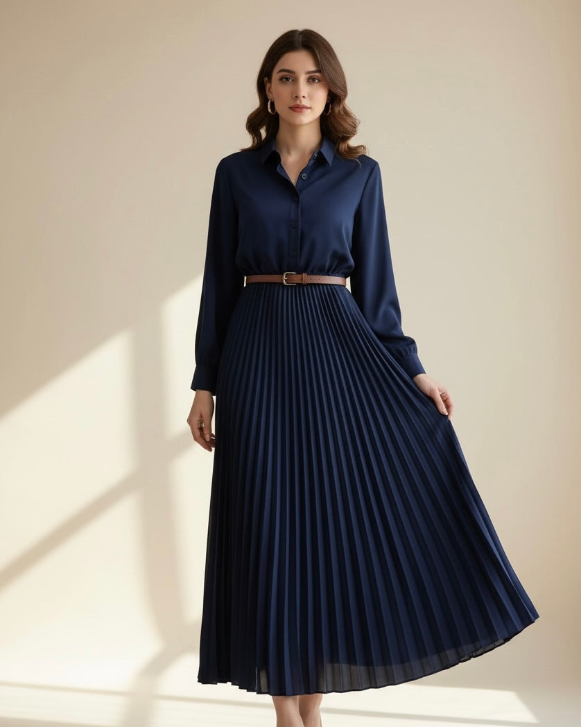 Solid Color Long Sleeve Shirt Paired With A-Line Skirt, Pleated Skirt Comes With Belt