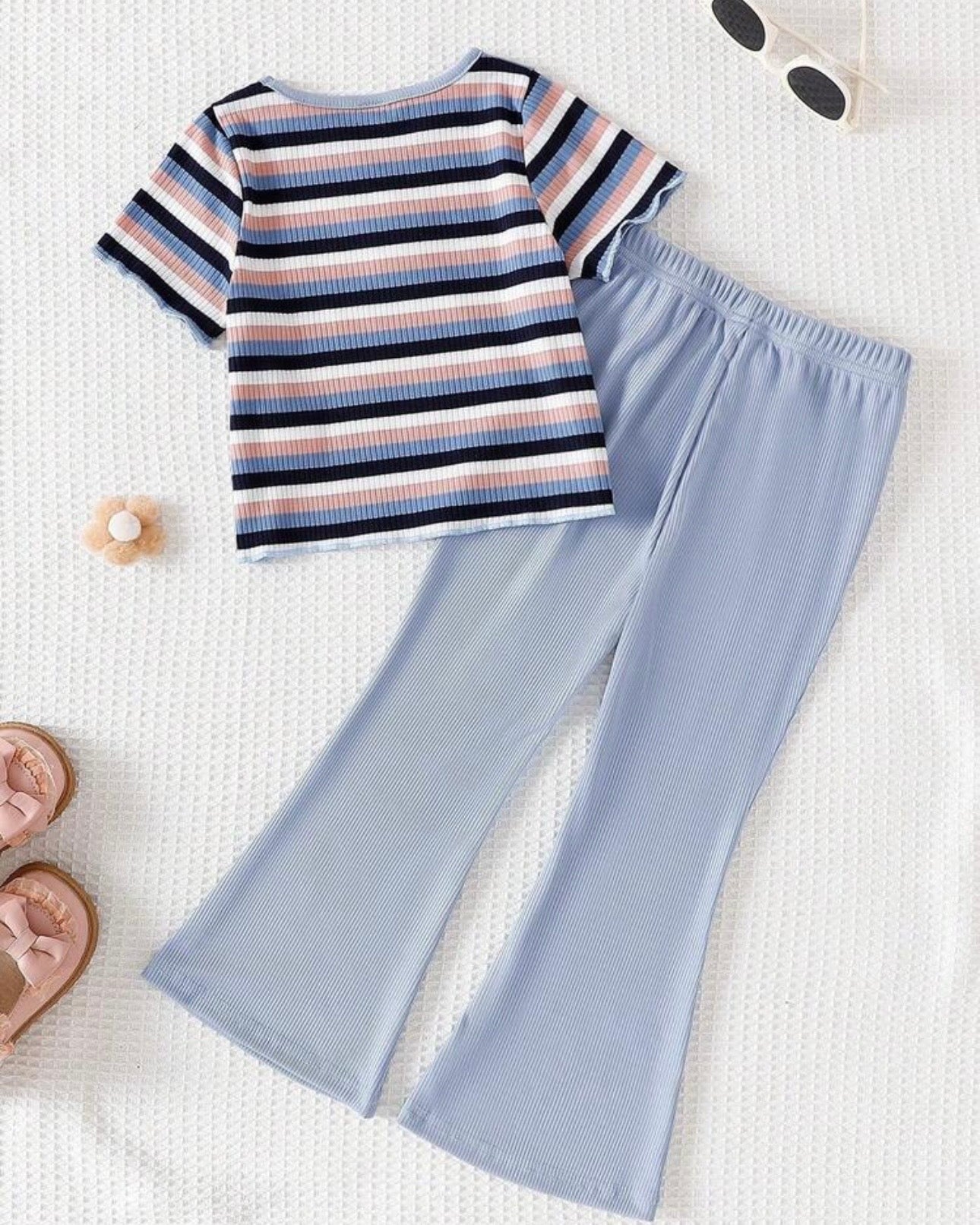 Kids Girl's Striped Blue Embroidered Flare Pants Set