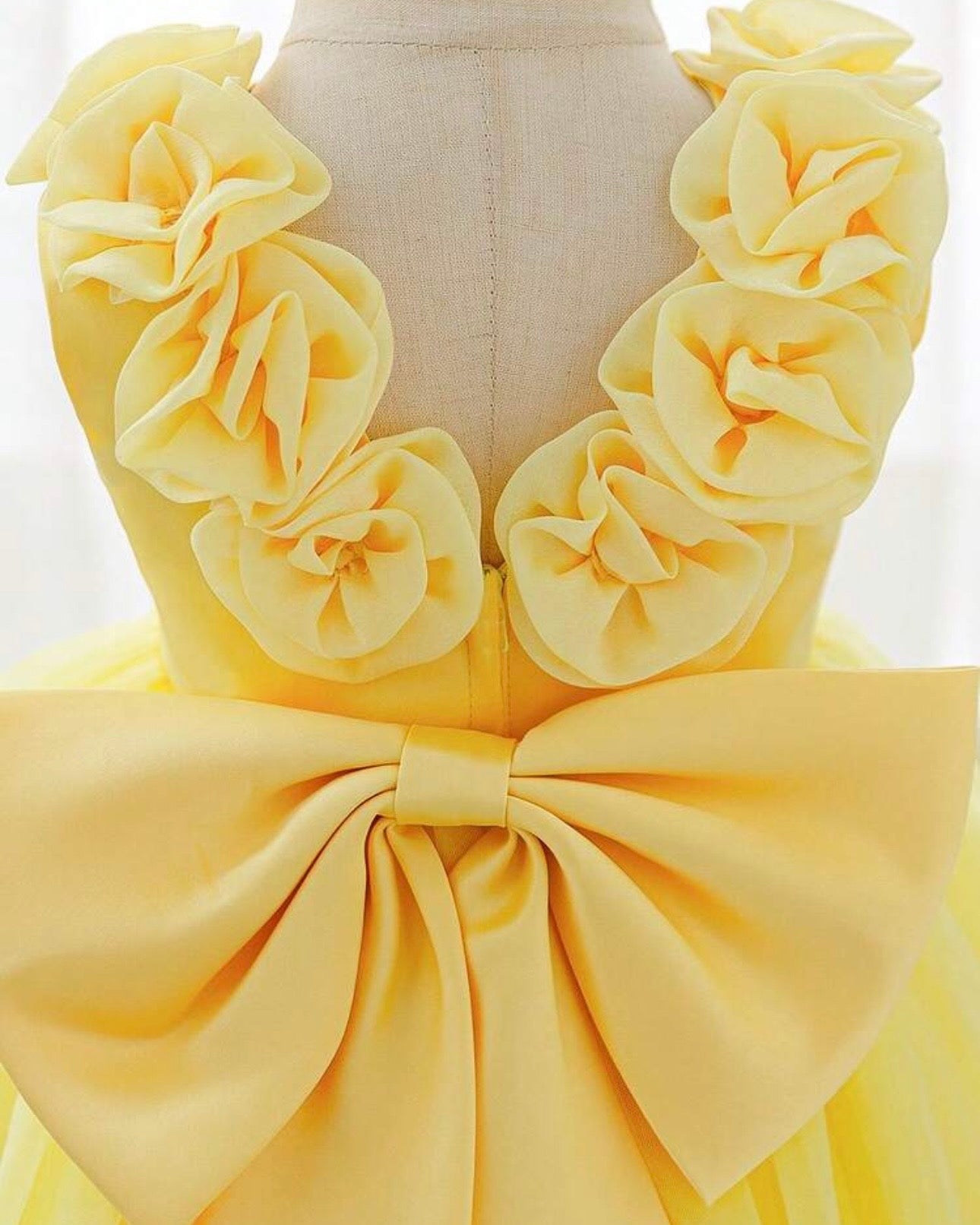 Baby Girls Yellow Satin & Mesh Princess Dress with 3D Flowers
