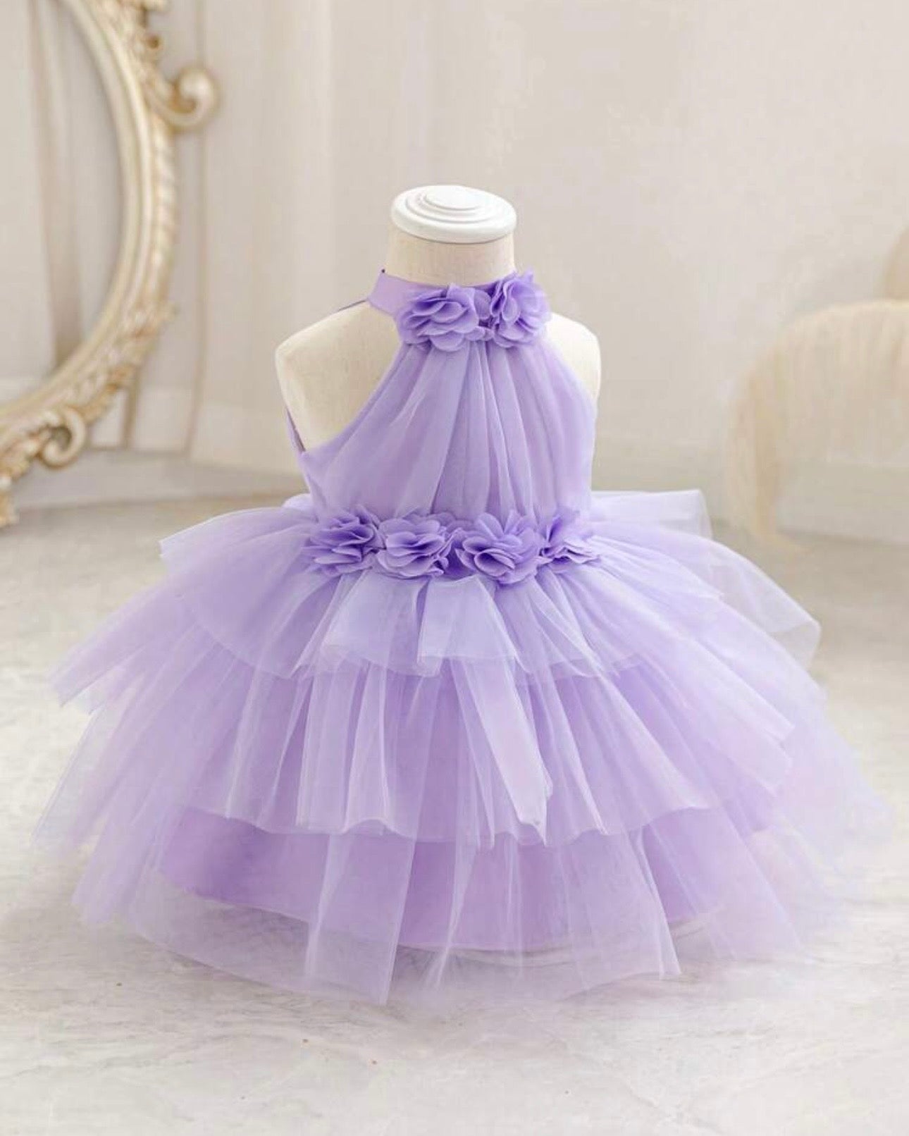 Girls Floral 3D Decor Sleeveless Tulle Purple Dress