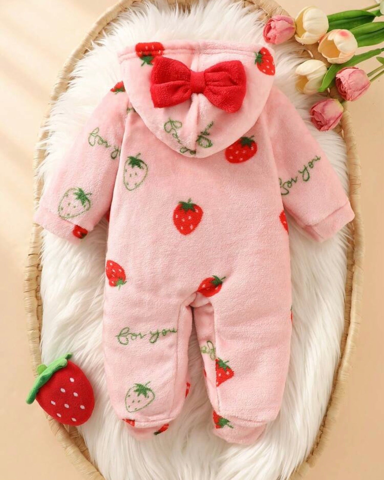 Newborn HoodedCute Cherry Print Flannel  Romper