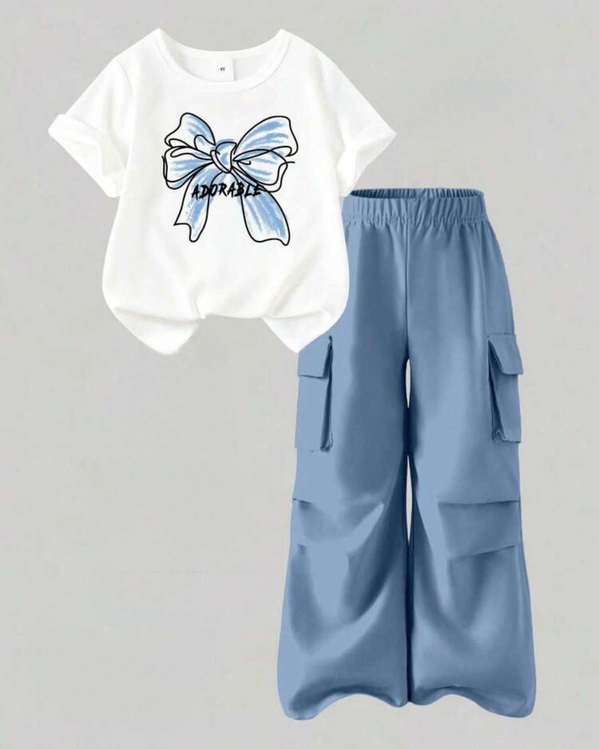 Girls Bow Print Round Neck T-Shirt And Cargo Pants