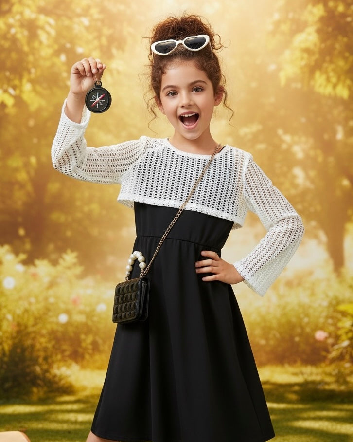 2pcs Spring/Summer Solid Color Outfit Set For Tween Girls - Long-Sleeved Hollow Crop Top And Sleeveless Dress With Round Neckline