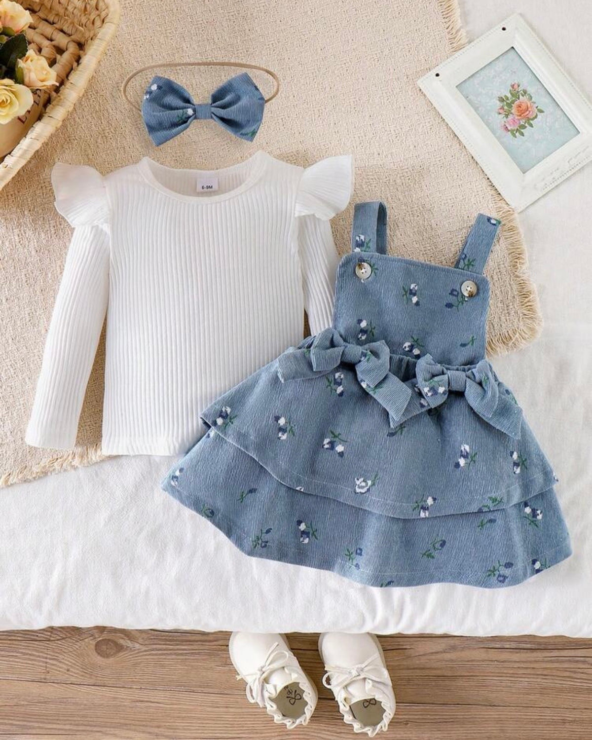 3-Piece Baby Girl  Blue Floral Ruffle Suspender Dress with Top & Bow Headband