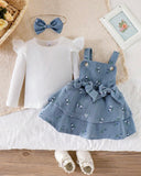 3-Piece Baby Girl  Blue Floral Ruffle Suspender Dress with Top & Bow Headband