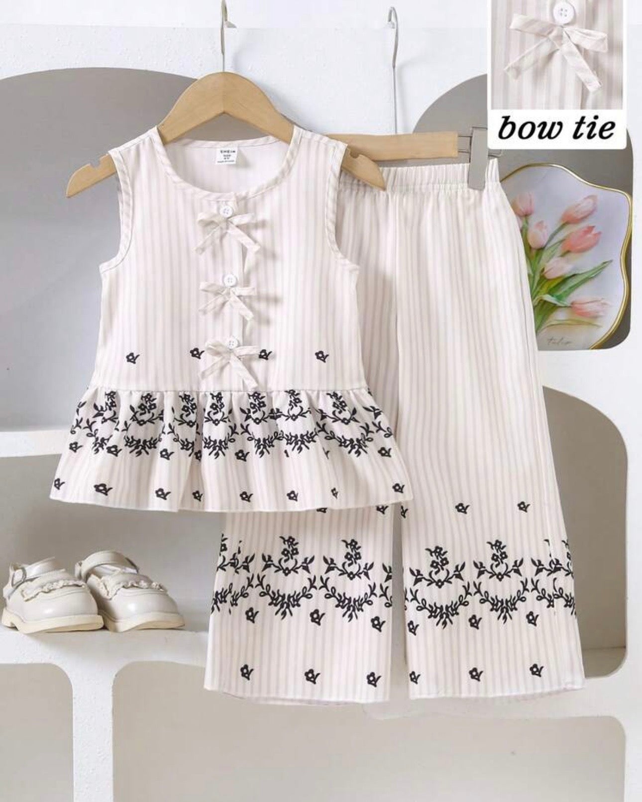 Girls White 2-Piece Bow Shirt & Floral Pants Set