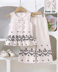 Girls White 2-Piece Bow Shirt & Floral Pants Set