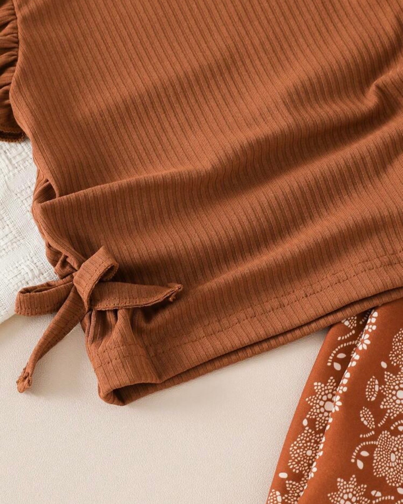 Baby Girls Brown Striped Ruffle Sleeve T-Shirt & Floral Pants Set