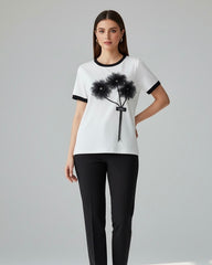 Plus Size Women B&W 3D Floral Embellishment T-Shirt