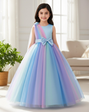 Girls Rainbow Ombre Princess Dress – Sleeveless Bow Tulle Puffy Long Gown