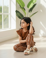 Baby Girls Brown Striped Ruffle Sleeve T-Shirt & Floral Pants Set