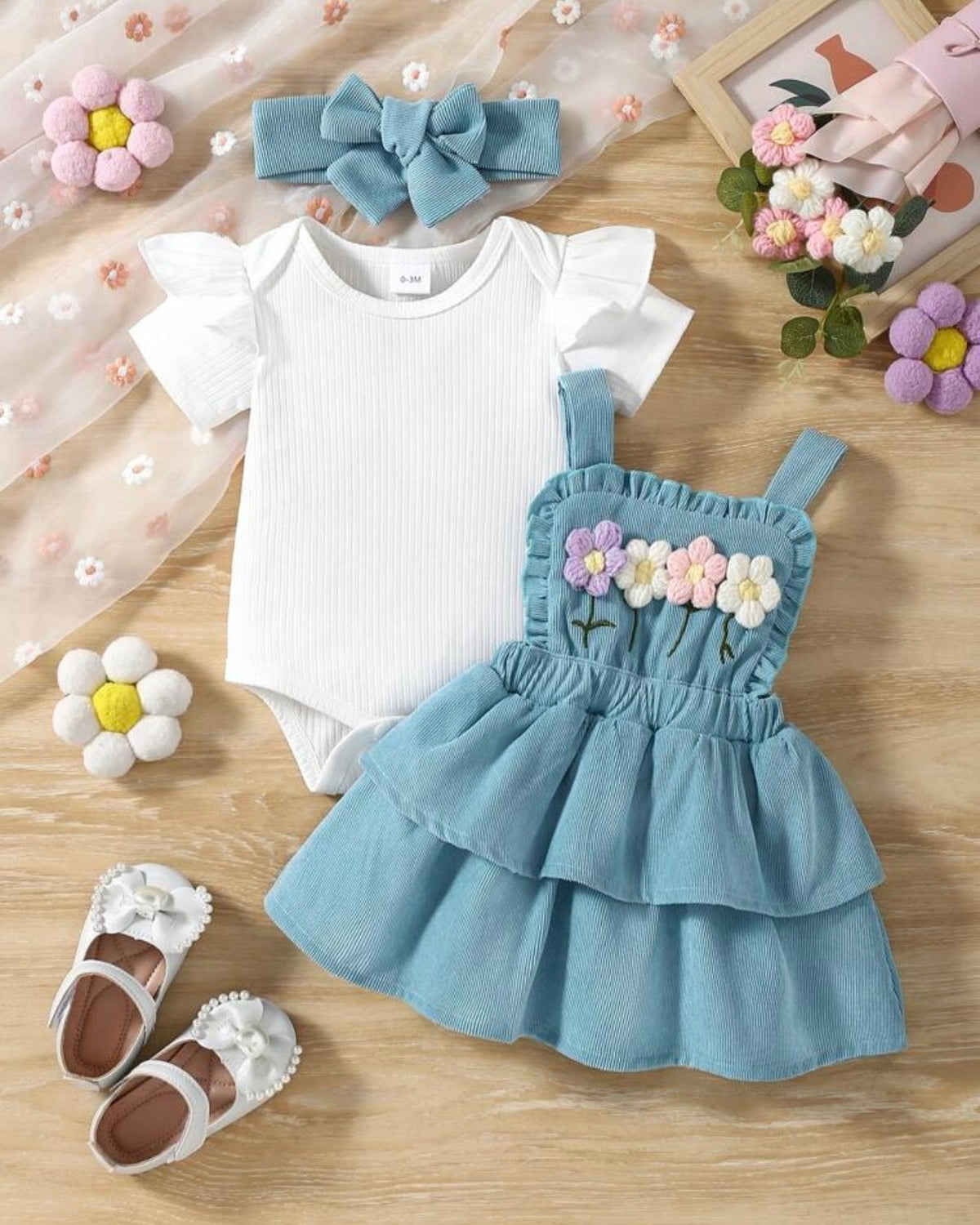 3pcs Baby Girls Set: Cap Sleeve Romper + Blue Floral Embroidered Ruffle Dress + Headband