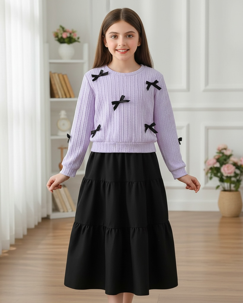 Fashionable Cute Delicate Bow-Tie Top With Half Skirt Suit, Casual Elegant Fashion