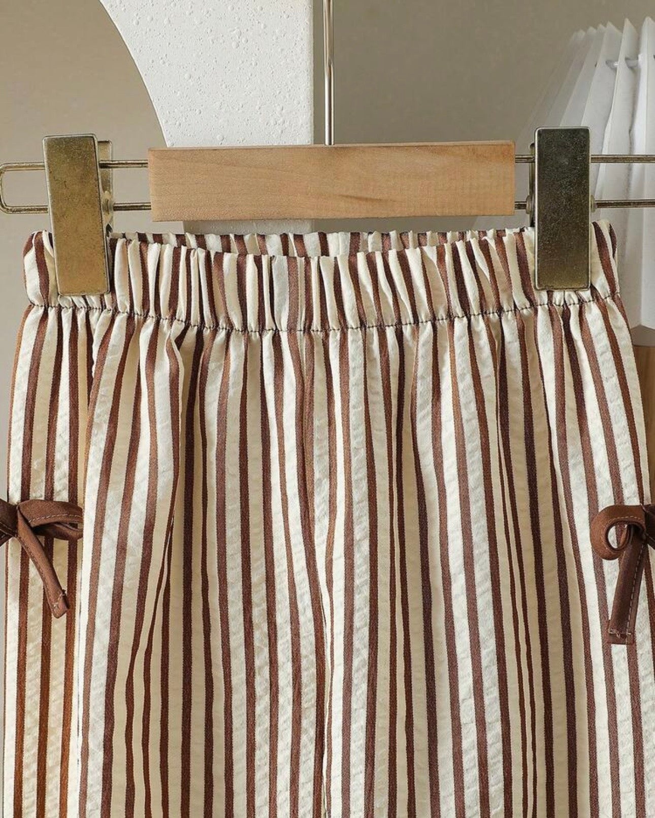 Brown Korean Style Pleated Top & Striped Wide Leg Pants Set